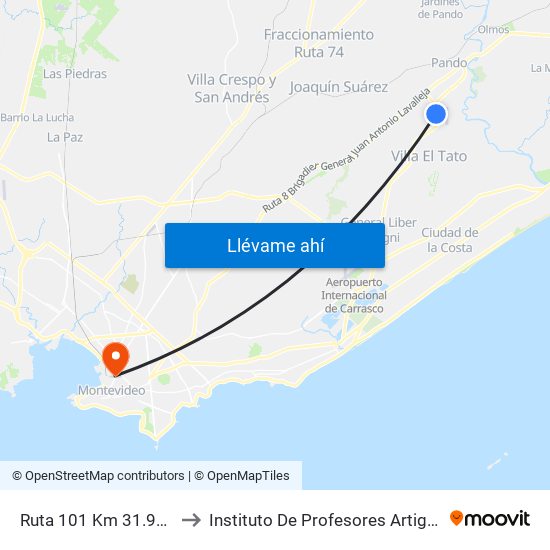 Ruta 101 Km 31.900 to Instituto De Profesores Artigas map