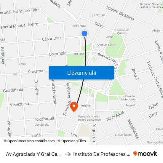 Av Agraciada Y Gral Cesar Diaz to Instituto De Profesores Artigas map