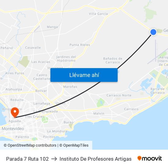 Parada 7 Ruta 102 to Instituto De Profesores Artigas map