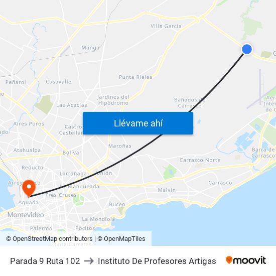 Parada 9 Ruta 102 to Instituto De Profesores Artigas map