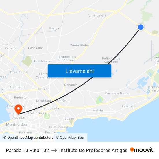 Parada 10 Ruta 102 to Instituto De Profesores Artigas map