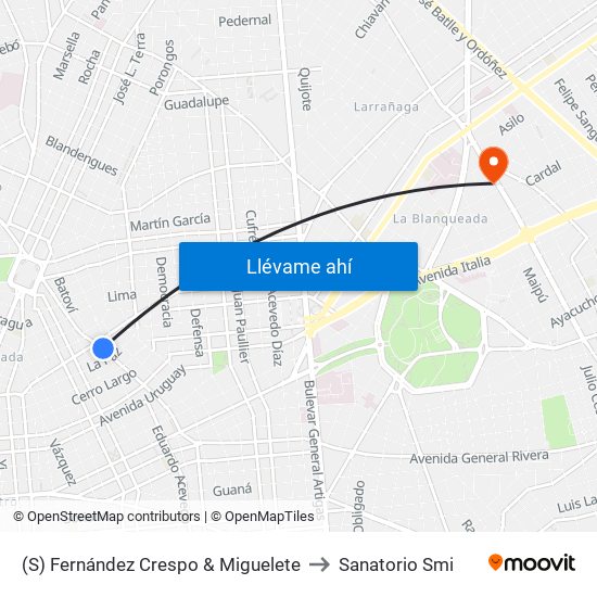 (S) Fernández Crespo & Miguelete to Sanatorio Smi map