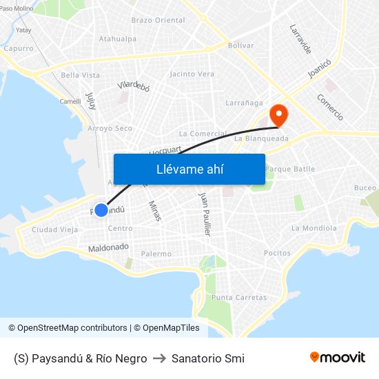 (S) Paysandú & Río Negro to Sanatorio Smi map