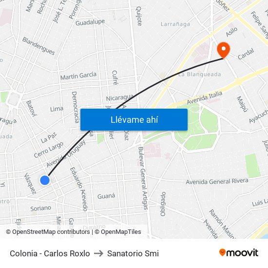 Colonia - Carlos Roxlo to Sanatorio Smi map