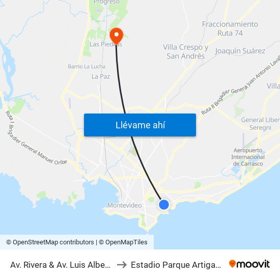 Av. Rivera & Av. Luis Alberto De Herrera to Estadio Parque Artigas Las Piedras map