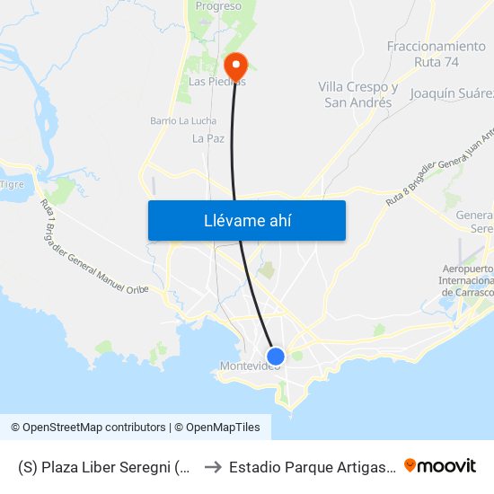 (S) Plaza Liber Seregni (Daniel Muñoz) to Estadio Parque Artigas Las Piedras map