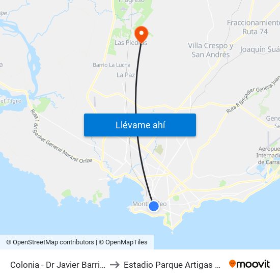 Colonia - Dr Javier Barrios Amorin to Estadio Parque Artigas Las Piedras map