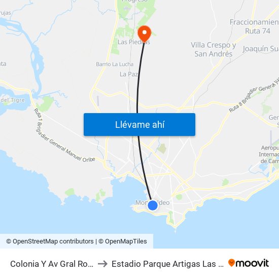 Colonia Y Av Gral Rondeau to Estadio Parque Artigas Las Piedras map