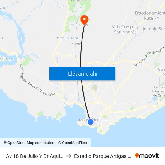 Av 18 De Julio Y Dr Aquiles R Lanza to Estadio Parque Artigas Las Piedras map