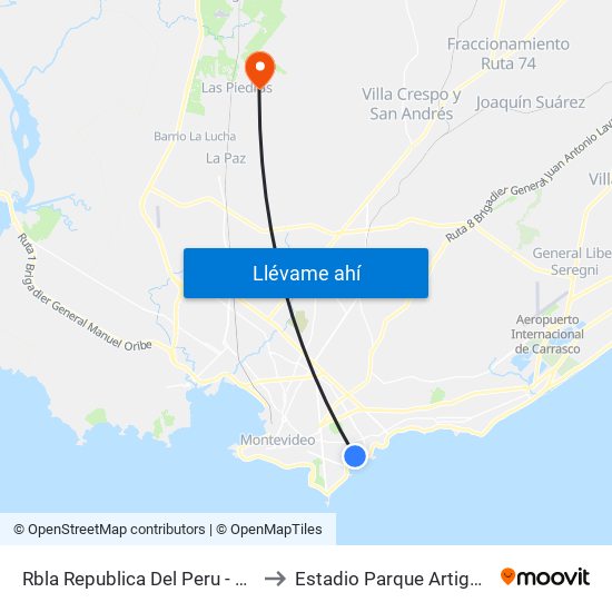 Rbla Republica Del Peru - Manuel V Pagola to Estadio Parque Artigas Las Piedras map