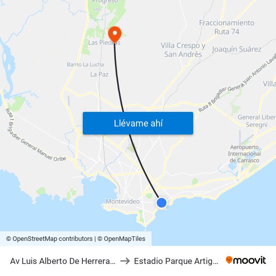 Av Luis Alberto De Herrera Y Placido Ellauri to Estadio Parque Artigas Las Piedras map