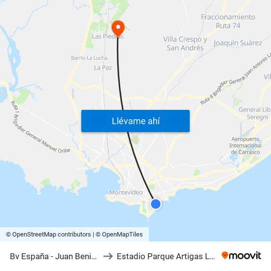 Bv España - Juan Benito Blanco to Estadio Parque Artigas Las Piedras map