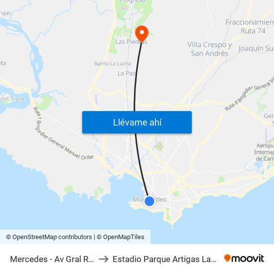 Mercedes - Av Gral Rondeau to Estadio Parque Artigas Las Piedras map