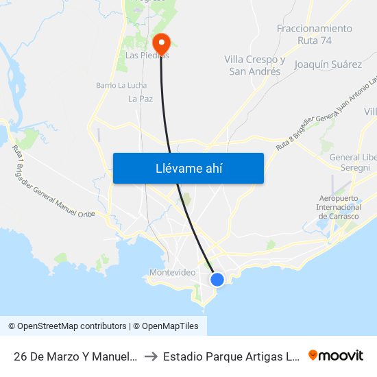 26 De Marzo Y Manuel V Pagola to Estadio Parque Artigas Las Piedras map