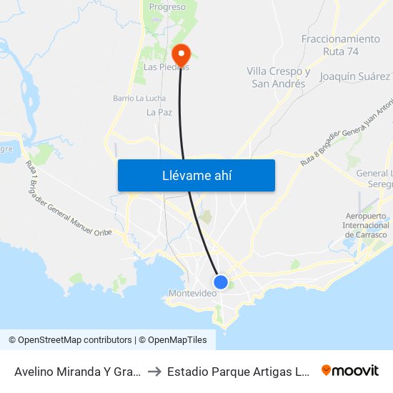 Avelino Miranda Y Gral Urquiza to Estadio Parque Artigas Las Piedras map