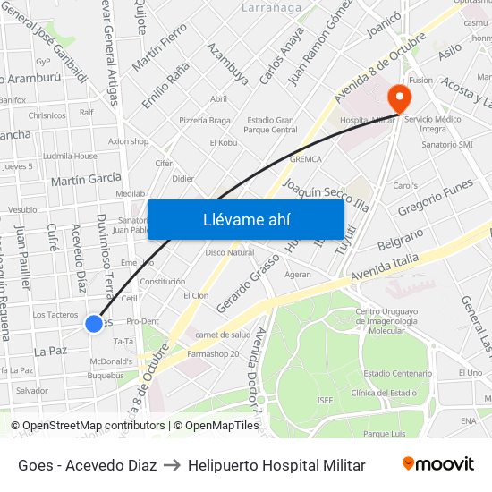 Goes - Acevedo Diaz to Helipuerto Hospital Militar map