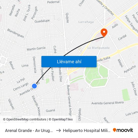 Arenal Grande - Av Uruguay to Helipuerto Hospital Militar map