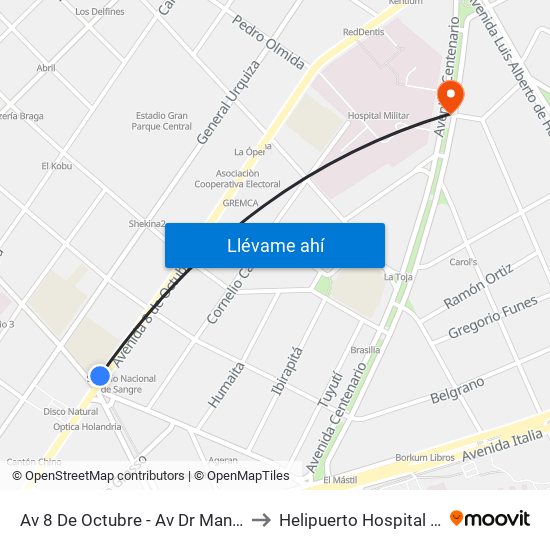 Av 8 De Octubre - Av Dr Manuel Albo to Helipuerto Hospital Militar map