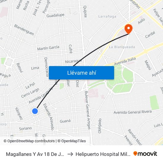 Magallanes Y Av 18 De Julio to Helipuerto Hospital Militar map