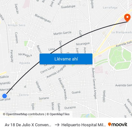 Av 18 De Julio X Convencion to Helipuerto Hospital Militar map