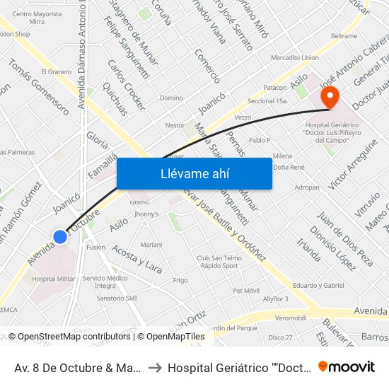 Av. 8 De Octubre & Mariano Moreno (H. Militar) to Hospital Geriátrico ""Doctor Luis Piñeyro Del Campo"" map