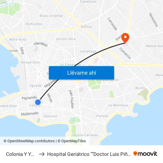Colonia Y Yaguaron to Hospital Geriátrico ""Doctor Luis Piñeyro Del Campo"" map
