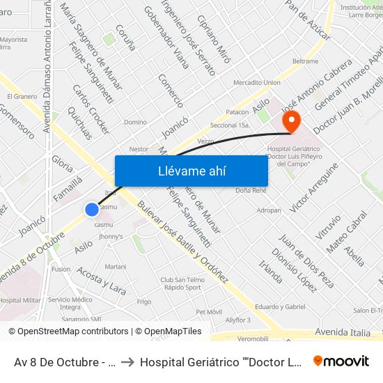 Av 8 De Octubre - Agustin Abreu to Hospital Geriátrico ""Doctor Luis Piñeyro Del Campo"" map