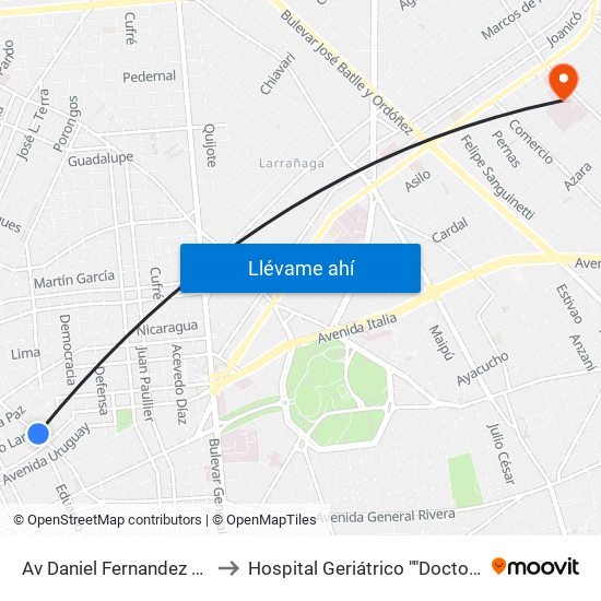 Av Daniel Fernandez Crespo Y Cerro Largo to Hospital Geriátrico ""Doctor Luis Piñeyro Del Campo"" map