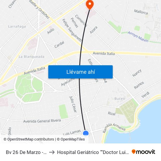 Bv 26 De Marzo - Marco Bruto to Hospital Geriátrico ""Doctor Luis Piñeyro Del Campo"" map
