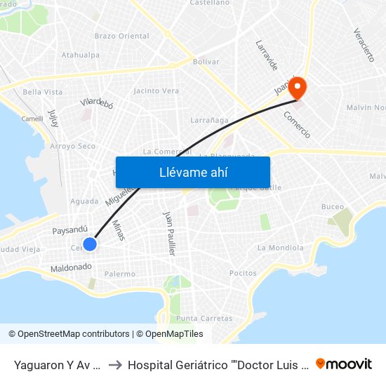 Yaguaron Y Av 18 De Julio to Hospital Geriátrico ""Doctor Luis Piñeyro Del Campo"" map