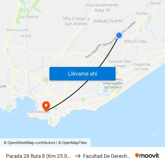 Parada 28 Ruta 8 (Km 25.000 Esq. Los Paraisos) to Facultad De Derecho - Edificio Anexo map