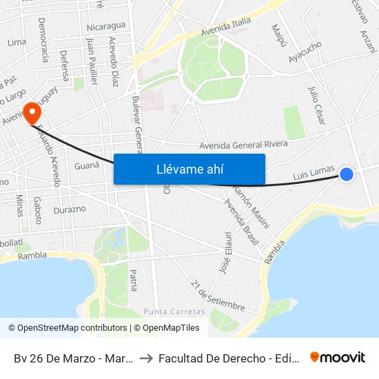Bv 26 De Marzo - Marco Bruto to Facultad De Derecho - Edificio Anexo map