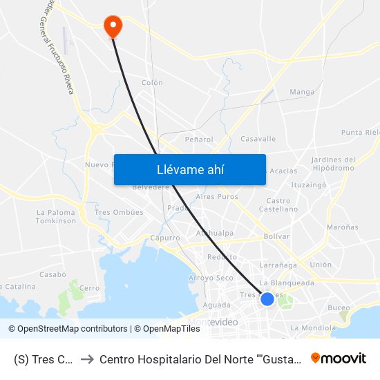 (S) Tres Cruces to Centro Hospitalario Del Norte ""Gustavo Saint Bois"" map