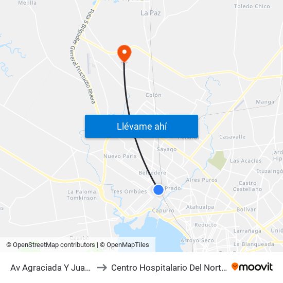 Av Agraciada Y Juan Antonio Artigas to Centro Hospitalario Del Norte ""Gustavo Saint Bois"" map
