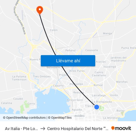 Av Italia - Pte Lorenzo Batlle to Centro Hospitalario Del Norte ""Gustavo Saint Bois"" map