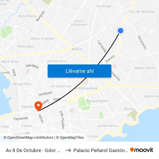Av 8 De Octubre - Gdor Vigodet to Palacio Peñarol Gastón Güelfi map