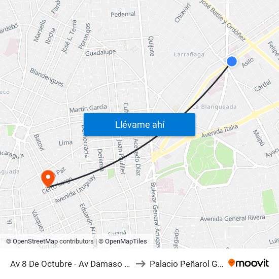 Av 8 De Octubre - Av Damaso Antonio Larrañaga to Palacio Peñarol Gastón Güelfi map