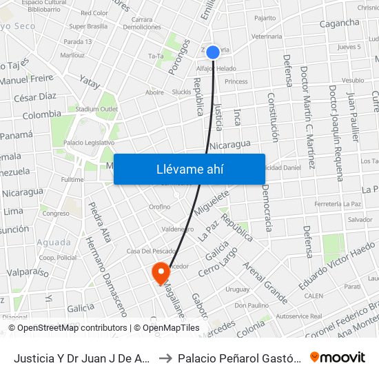 Justicia Y Dr Juan J De Amezaga to Palacio Peñarol Gastón Güelfi map