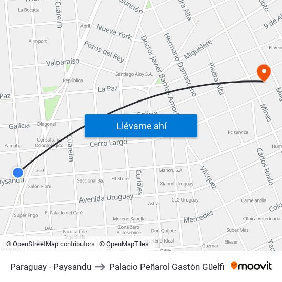 Paraguay - Paysandu to Palacio Peñarol Gastón Güelfi map