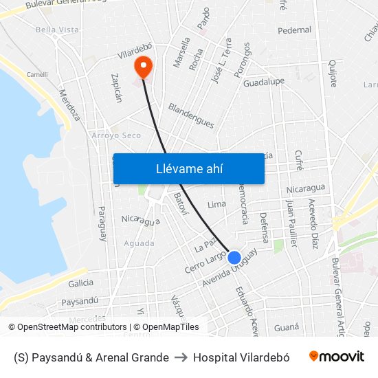 (S) Paysandú & Arenal Grande to Hospital Vilardebó map