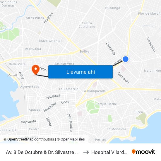 Av. 8 De Octubre & Dr. Silvestre Pérez to Hospital Vilardebó map