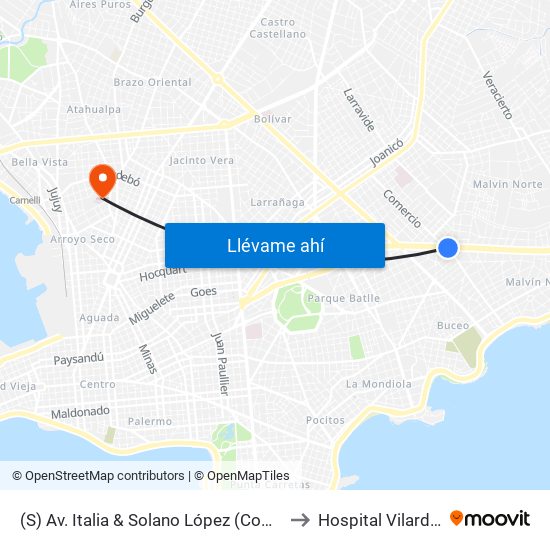 (S) Av. Italia & Solano López (Comercio) to Hospital Vilardebó map