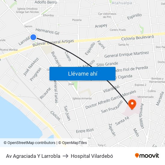 Av Agraciada Y Larrobla to Hospital Vilardebó map