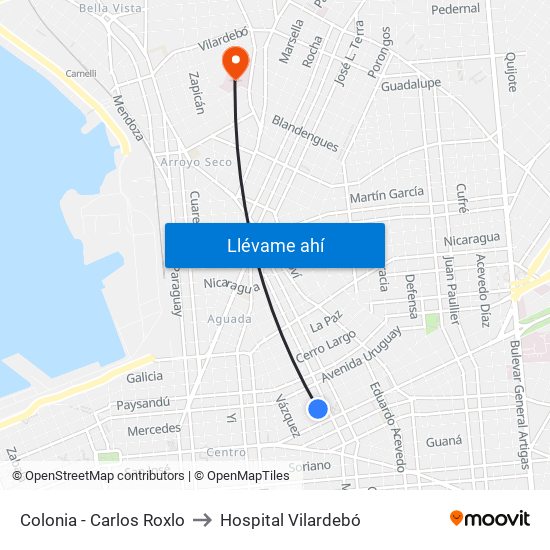 Colonia - Carlos Roxlo to Hospital Vilardebó map