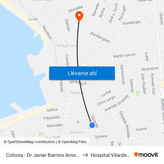 Colonia - Dr Javier Barrios Amorin to Hospital Vilardebó map