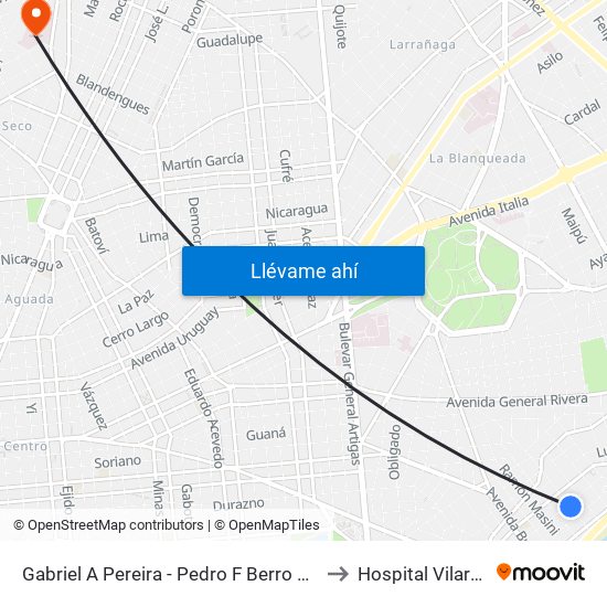 Gabriel A Pereira - Pedro F Berro Falta 145 to Hospital Vilardebó map