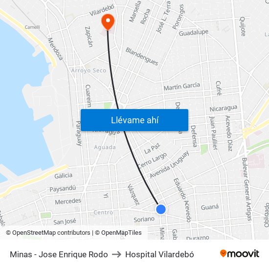 Minas - Jose Enrique Rodo to Hospital Vilardebó map