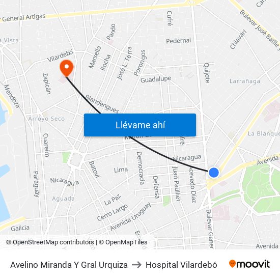 Avelino Miranda Y Gral Urquiza to Hospital Vilardebó map