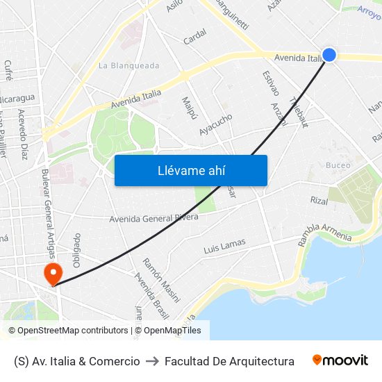 (S) Av. Italia & Comercio to Facultad De Arquitectura map