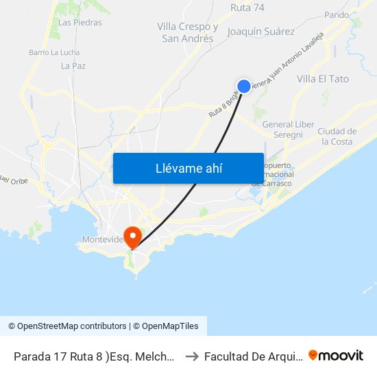 Parada 17 Ruta 8 )Esq. Melchor De Viana) to Facultad De Arquitectura map